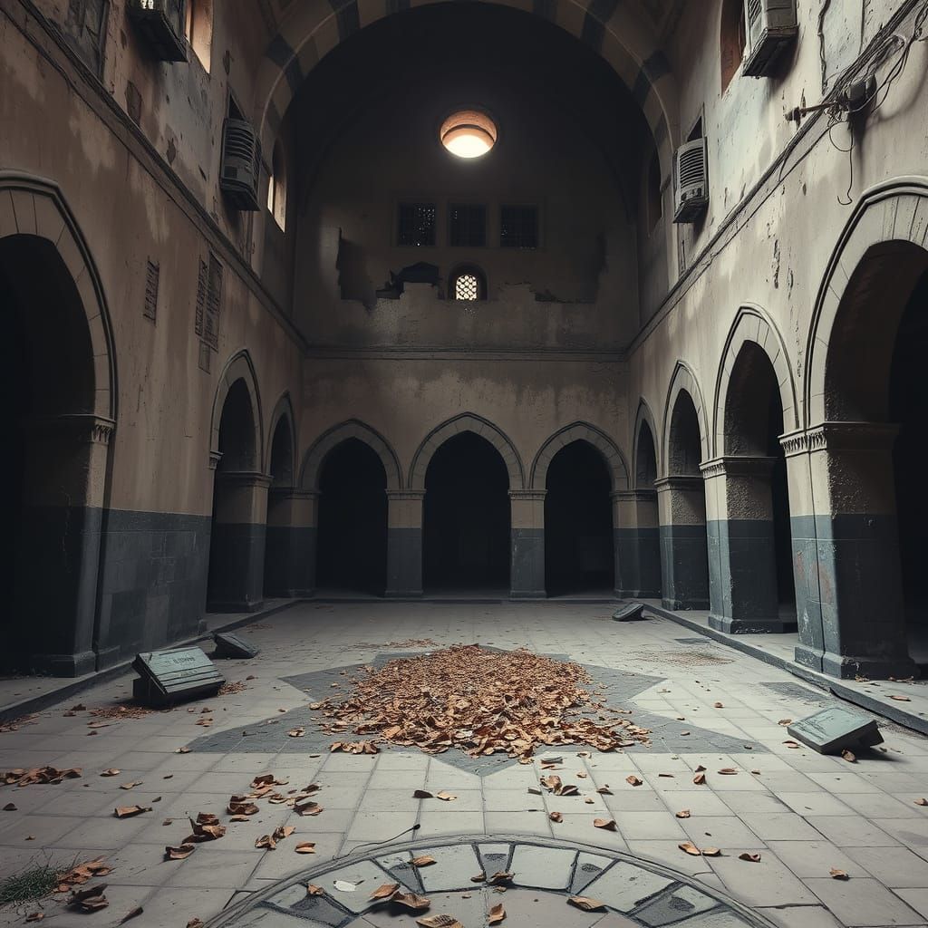 Eerie Moroccan Mosque Courtyard in Abandoned Style