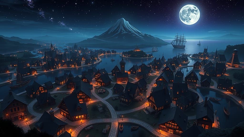 Enchanted Fantasy Town at Night Under a Full Moon