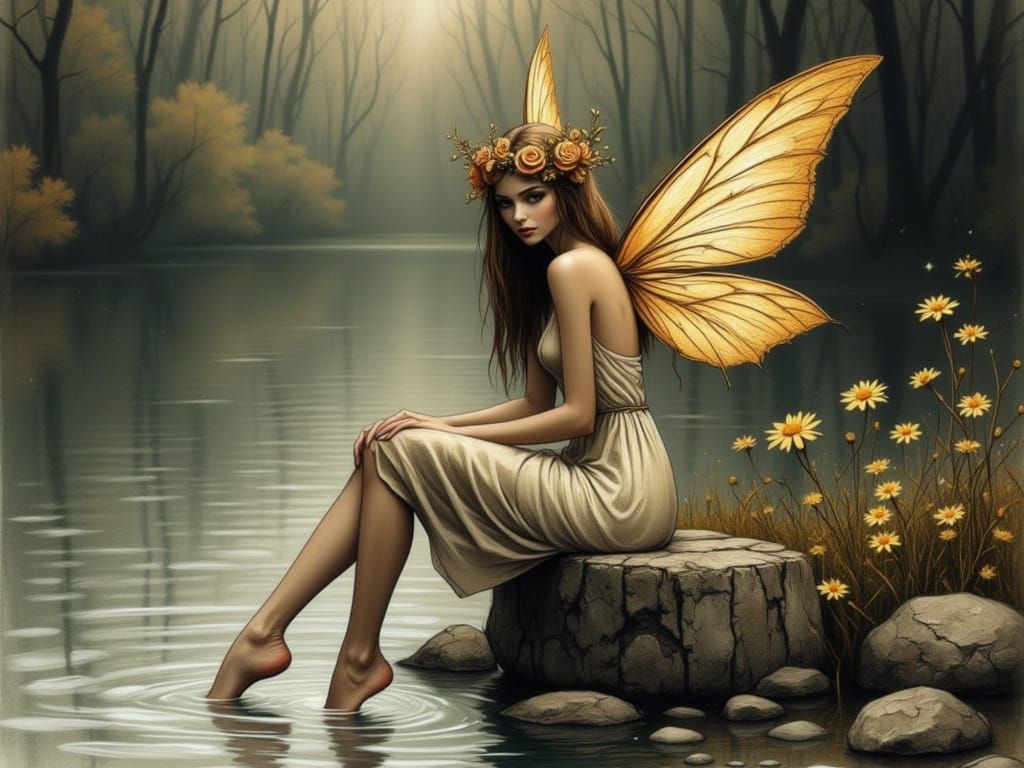 Ethereal Fairy Silhouette by Lake in Amy Brown Style