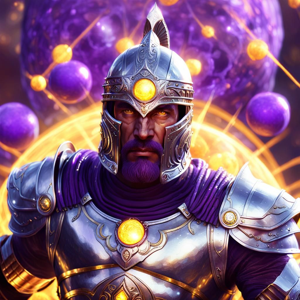 Divine Warrior in Silver Armor with Radiant Orbs