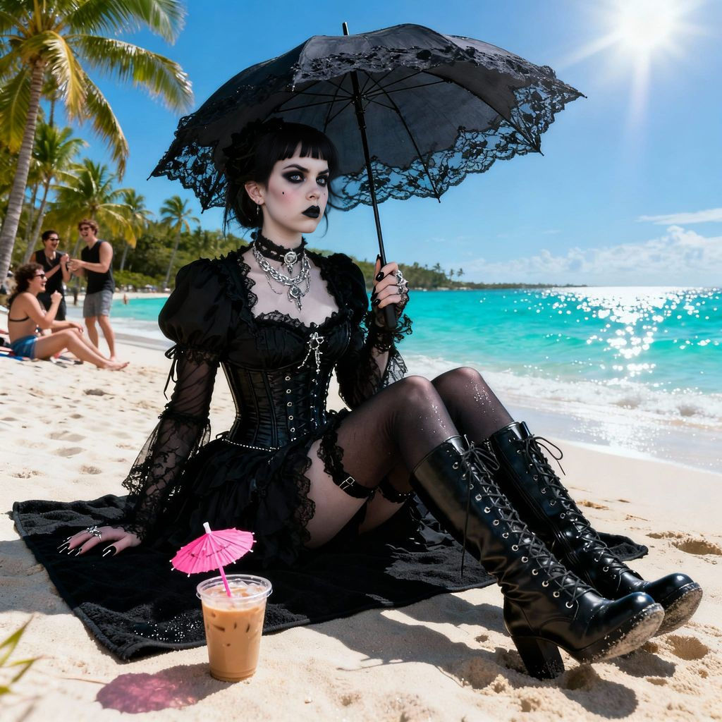 Goth Girl Pouts on Tropical Beach in Cinematic Photo