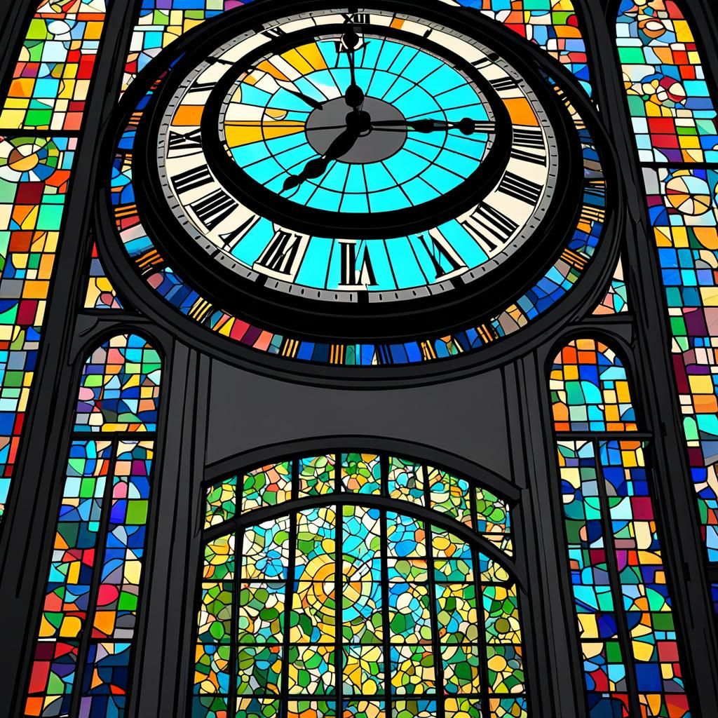Hyper Modern Clock in Old Room with Stained Glass