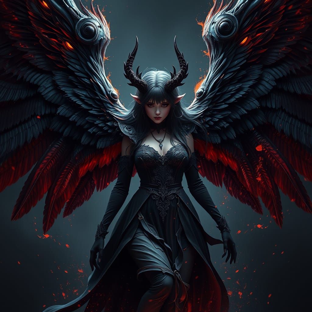 Goth Girl Angel Wings Rise from Ashes in Dark Fantasy