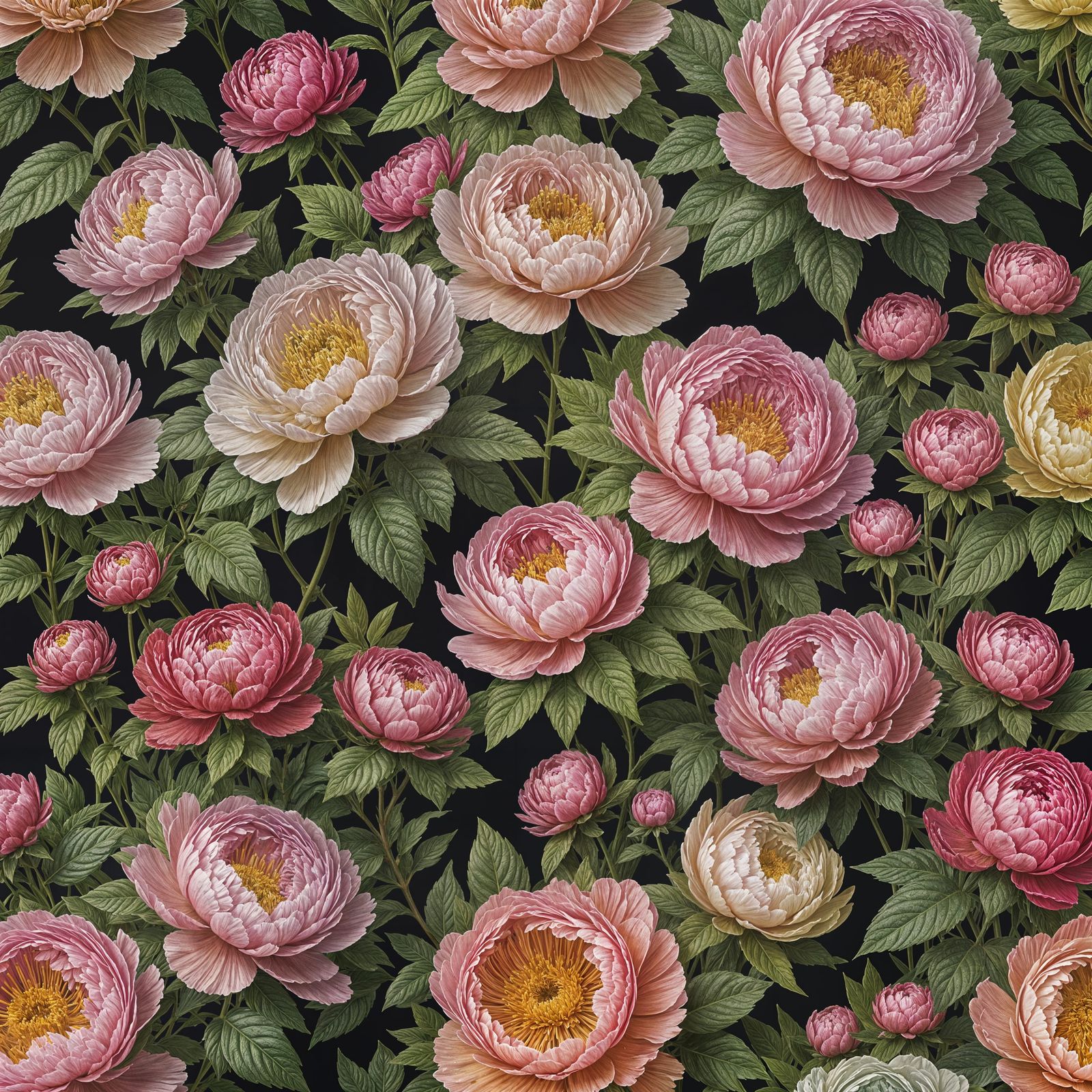Vintage Painting of Peonies and Wildflowers in Bloom
