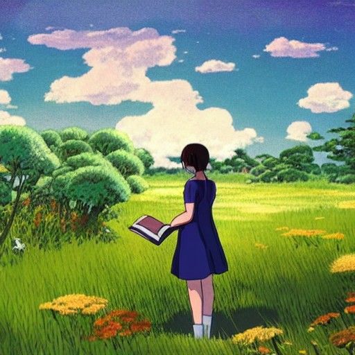 Girl Reading in Meadow: Studio Ghibli Style