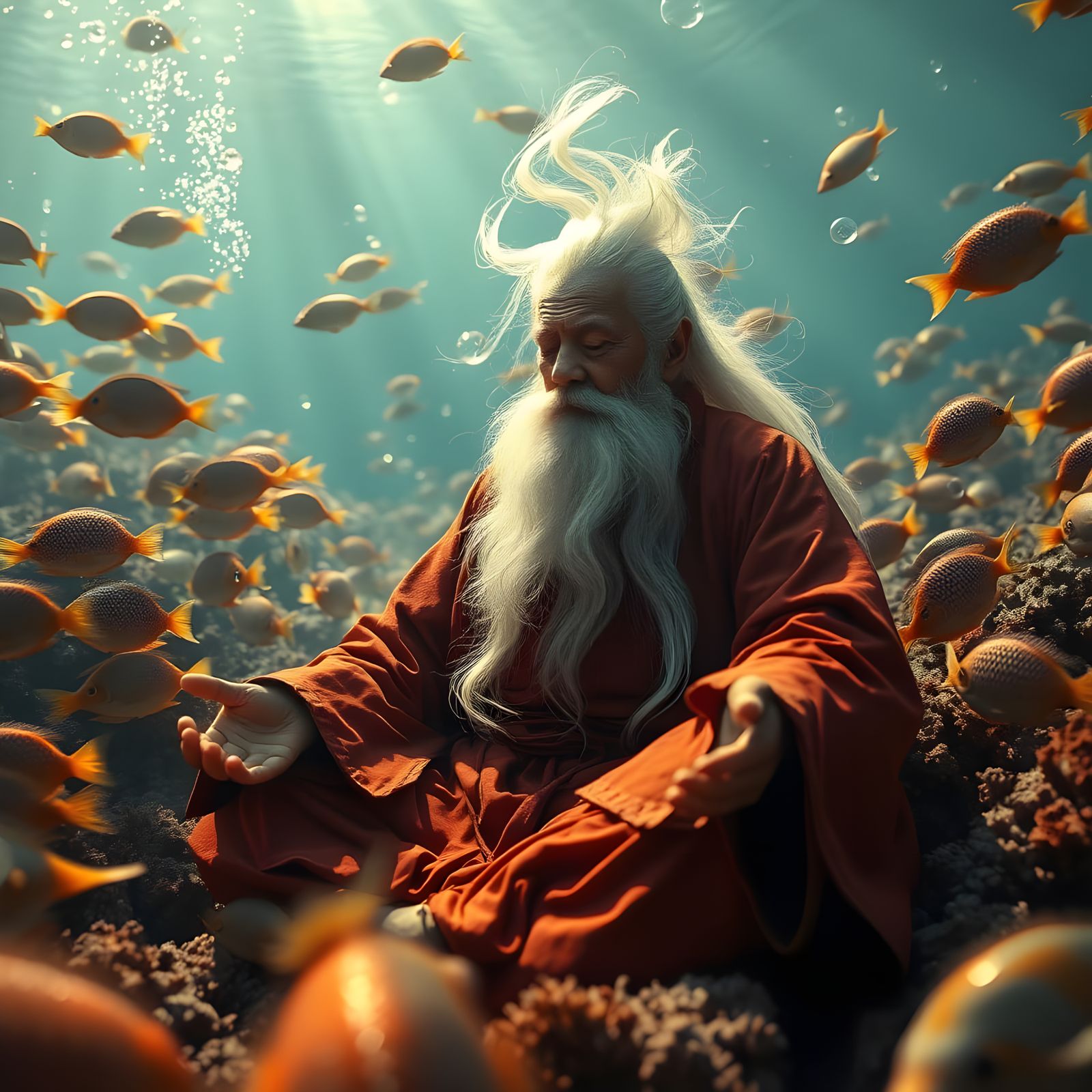 Ethereal Master Meditates Among Ocean Life