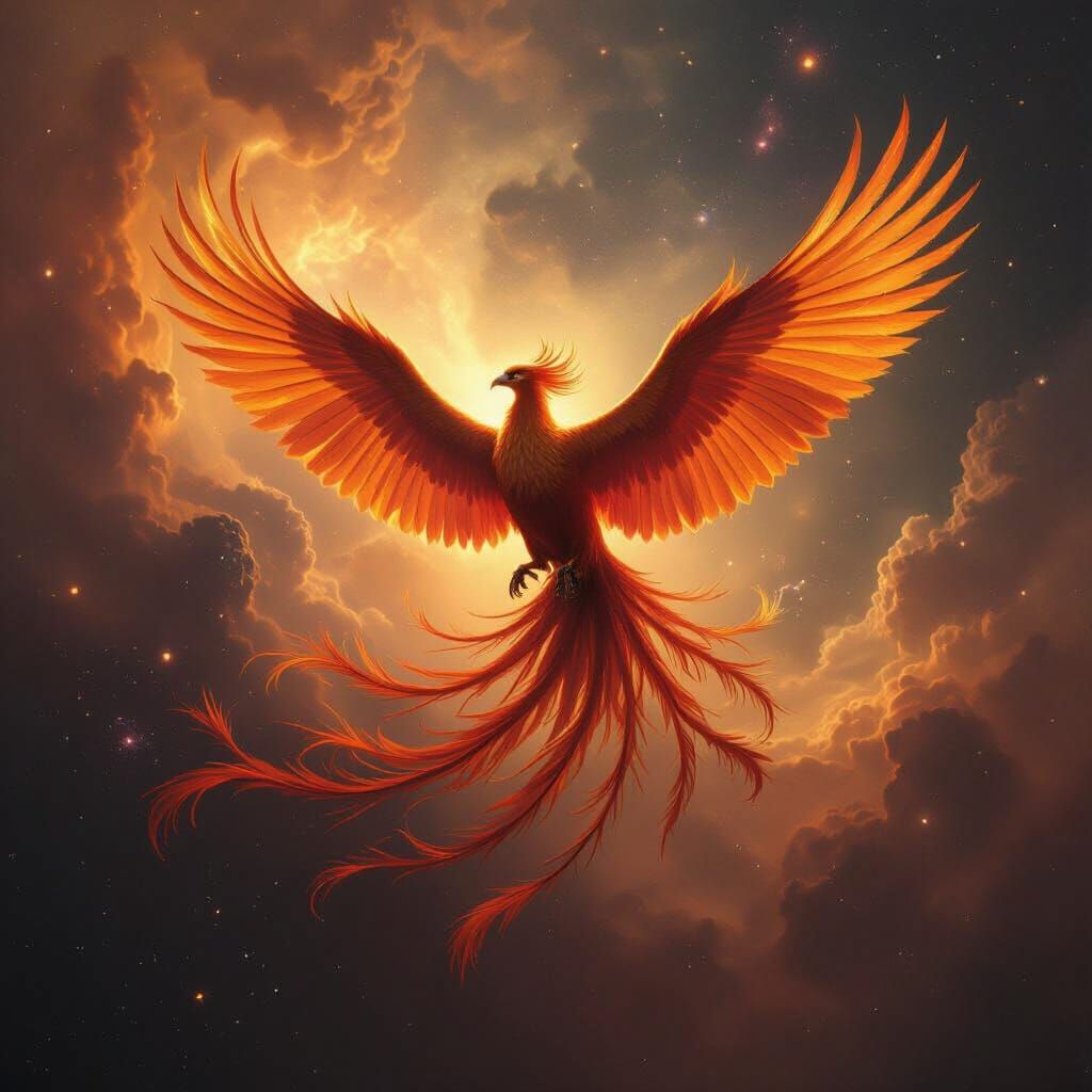 Majestic Phoenix Soars Through Cosmic Nebula in Oil Painting...