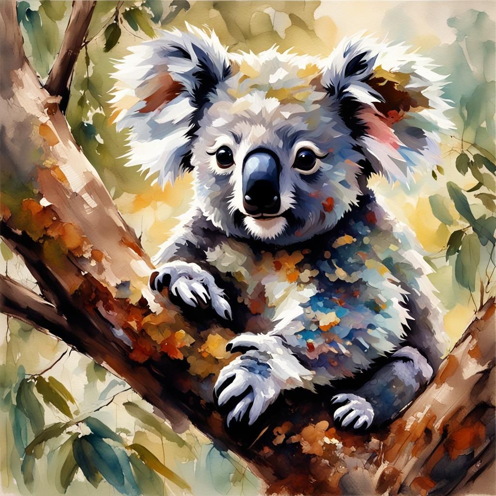 Chibi Koala in Tree, Impressionist Watercolor Style