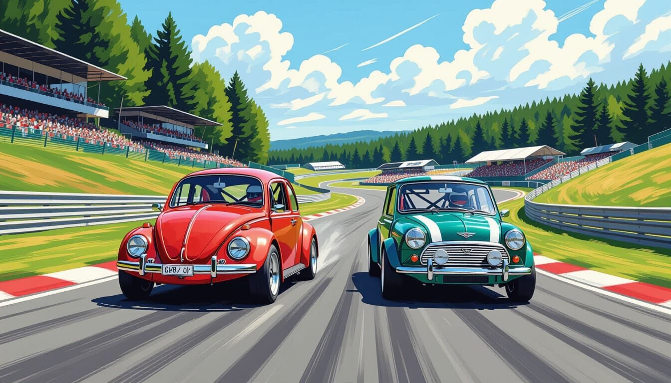 Super Beetle vs Mini Cooper S at Spa, Neo-Impressionism