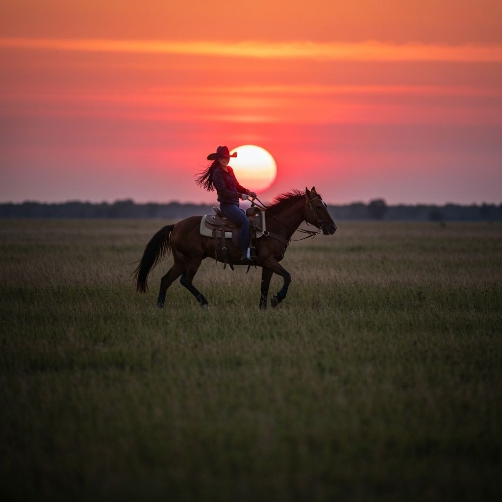 Cowgirl Rides Horse Freely Across Prairie at Sunset