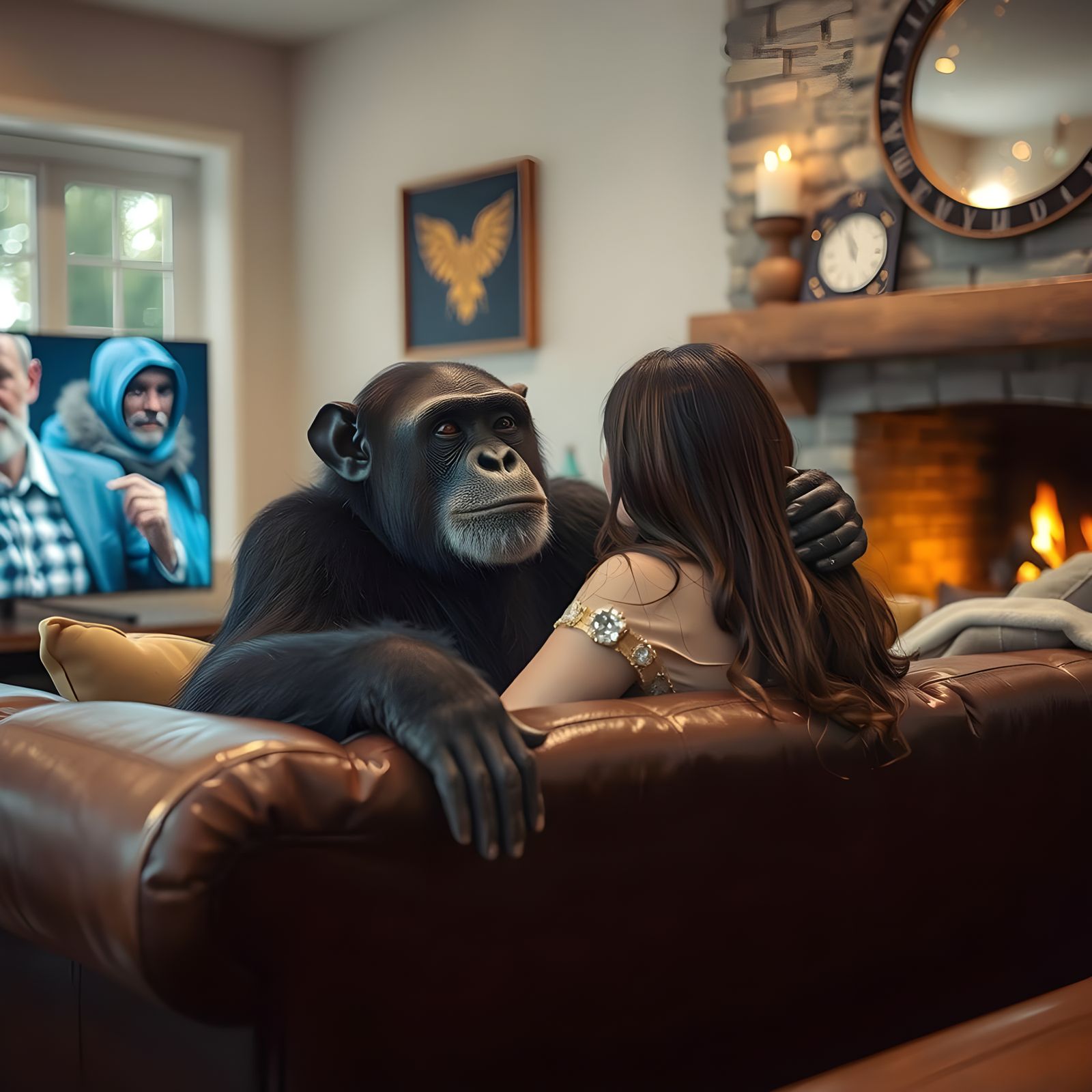 Chimpanzee Watches TV with a Beautiful Woman by the Fireplac...