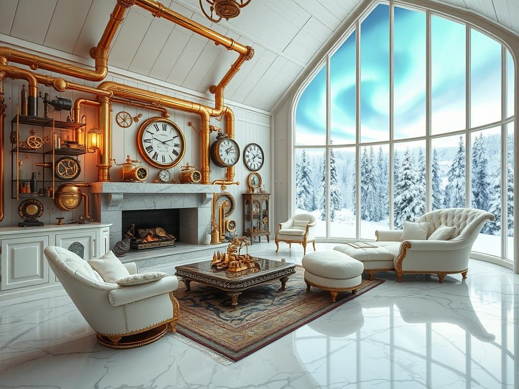 Steampunk Ice Palace Living Room with Northern Lights