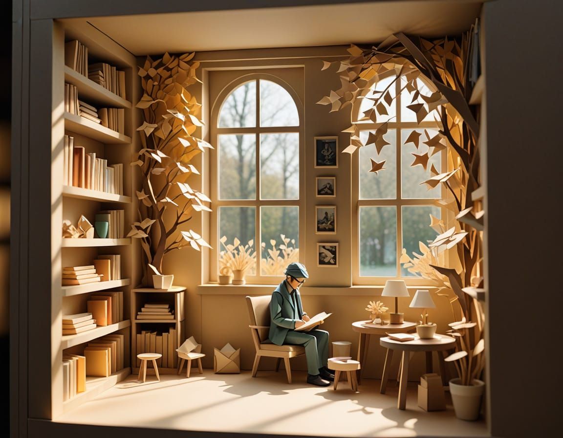 Cozy Paper Reading Nook in 3D Papercraft Style