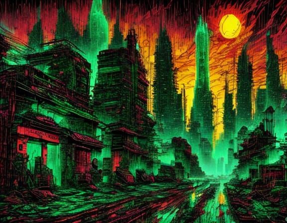 Post-Apocalyptic City with Radioactive Bioluminescence
