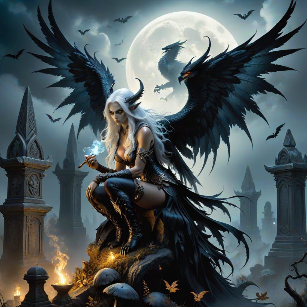 Demonic Harpy Overlooking Graveyard in Dark Fantasy Style