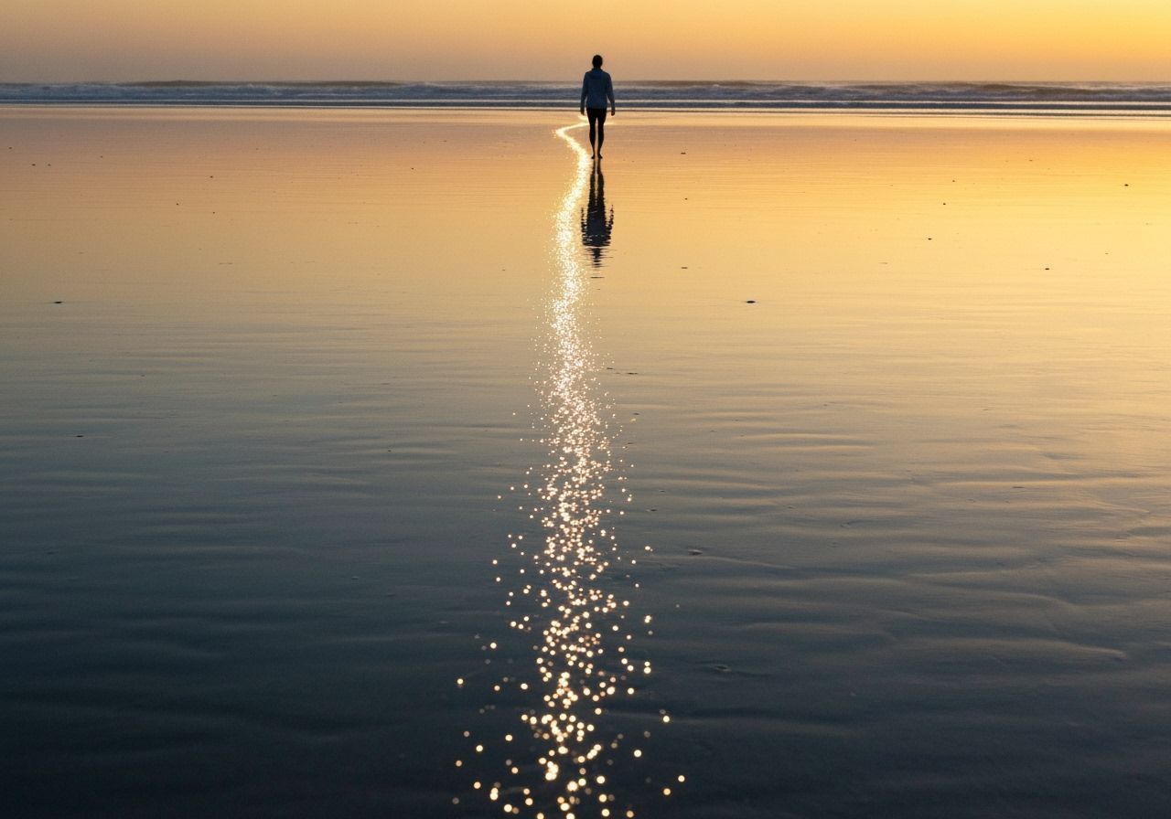 Ethereal Sunset Beach with Bioluminescent Path