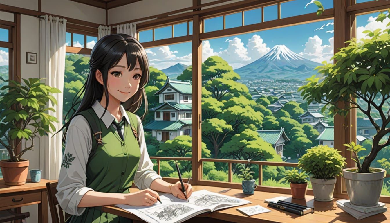 Girl Sketches Scene of Green Treehouse and Bird with House i...