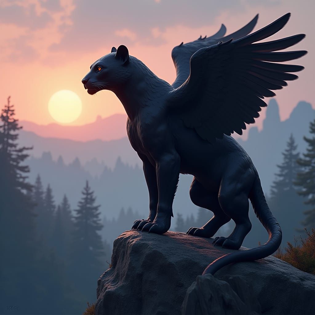 Mythical Black Panther-Eagle Hybrid Soars Over Forest in Dus...