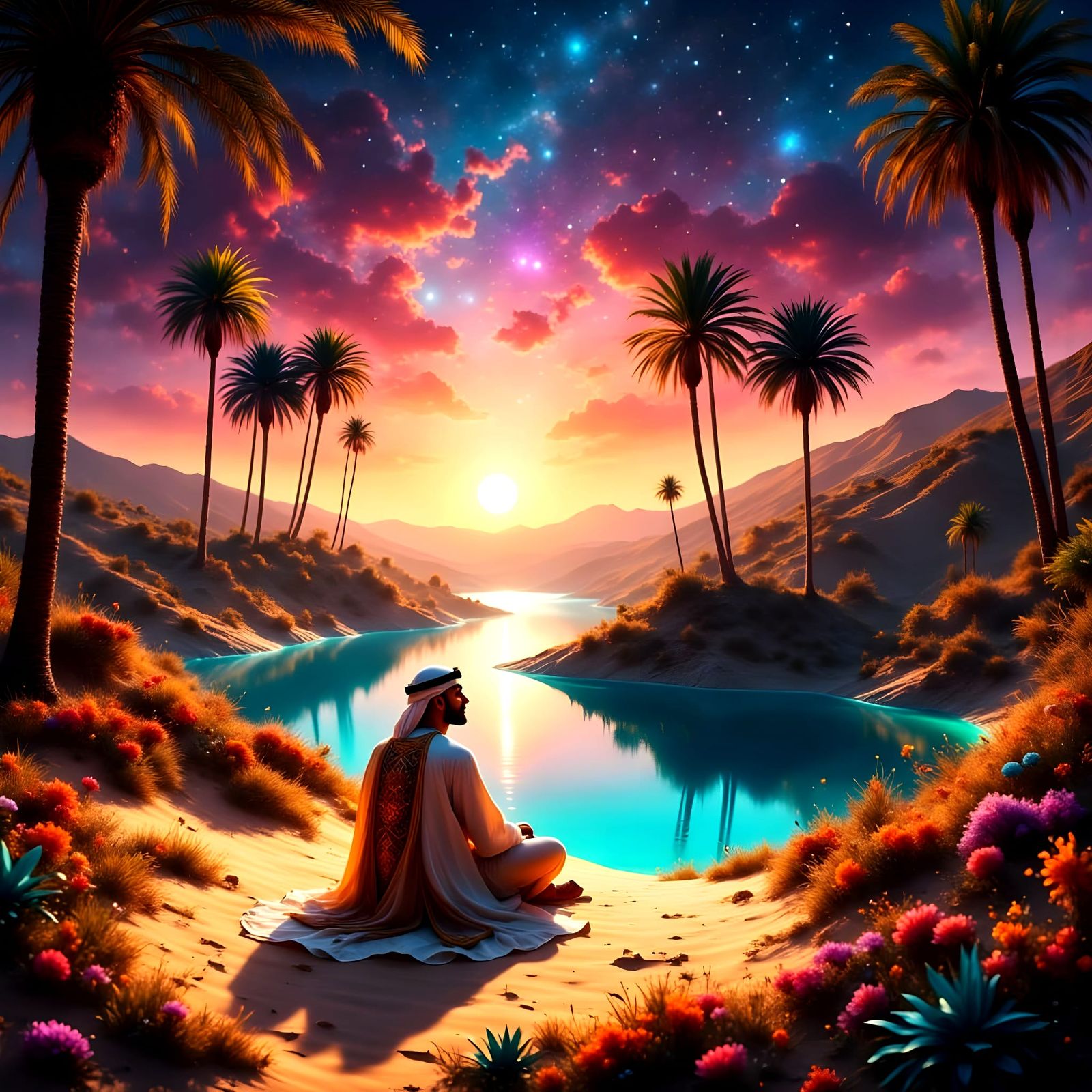 Bedouin Man at a Desert Oasis in Ethereal Moonlight