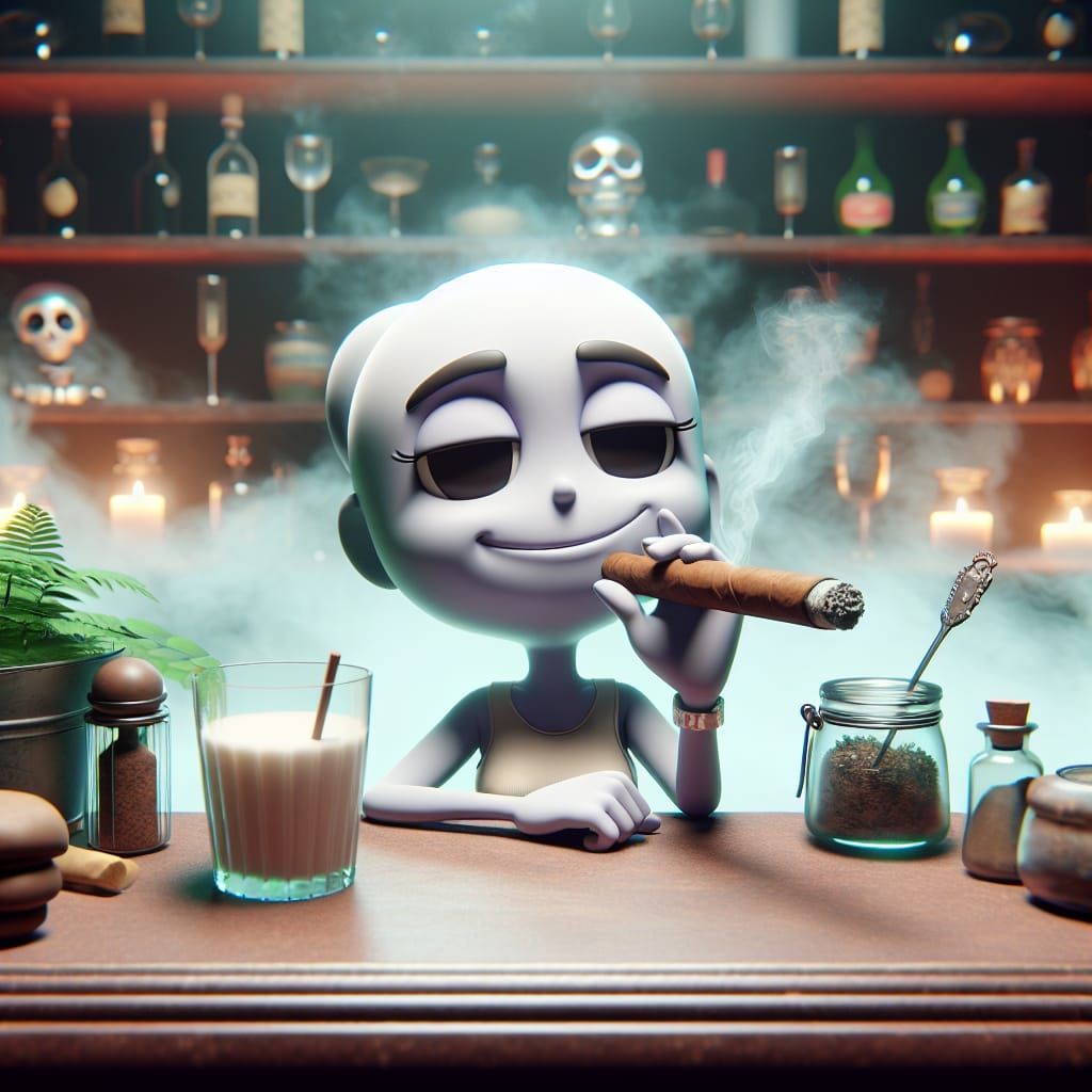 Relaxed Cartoon Zombie at a Smoky Bar