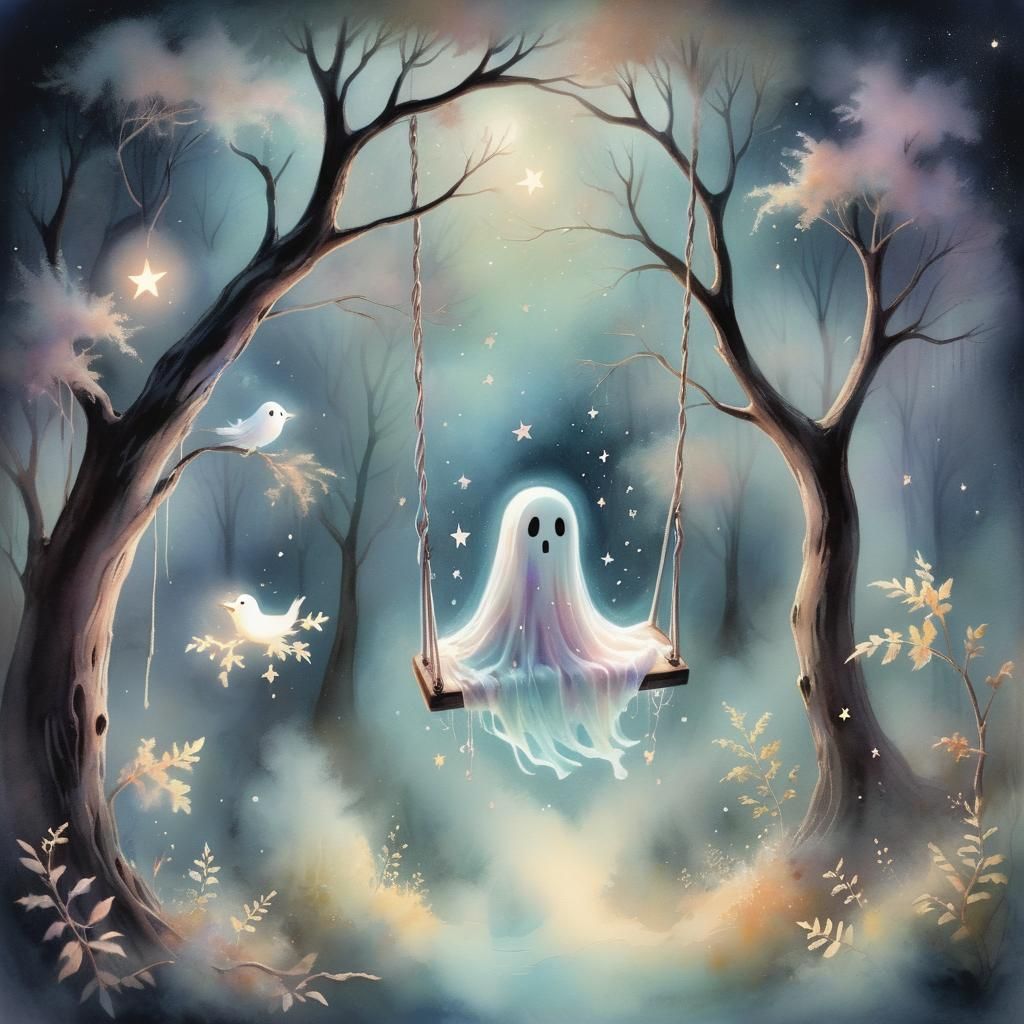 Ghost on a Swing: Whimsical Pastel Chalk Sketch