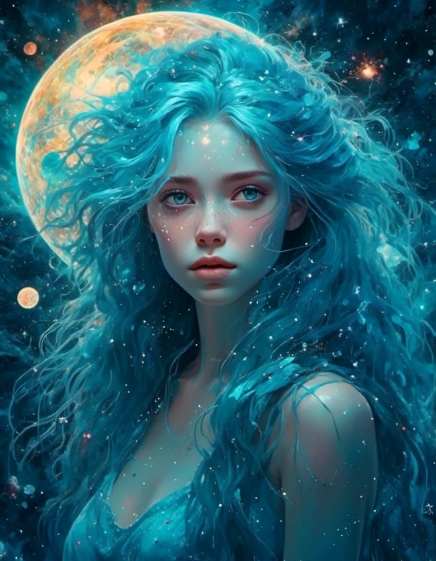 Mysterious Girl with Cyan Hair in Cosmic Scene