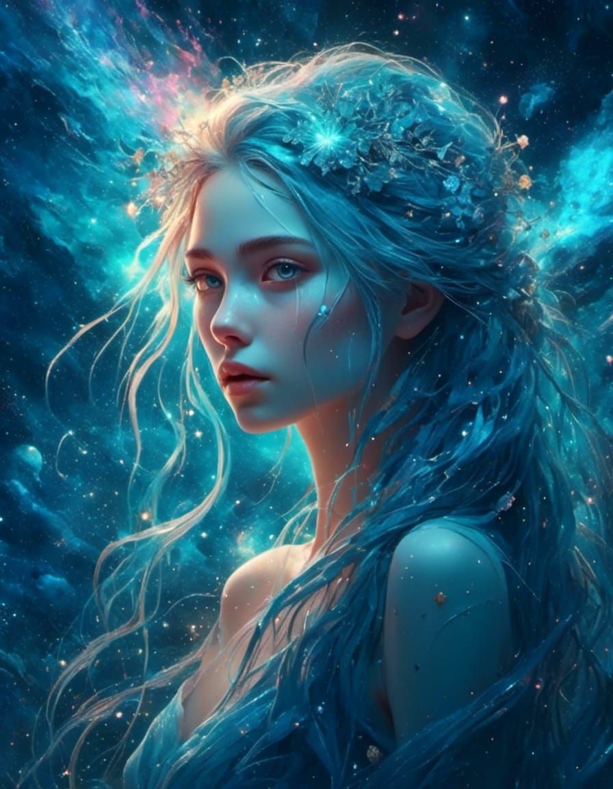 Cosmic Artist Girl with Cyan Hair Portrait