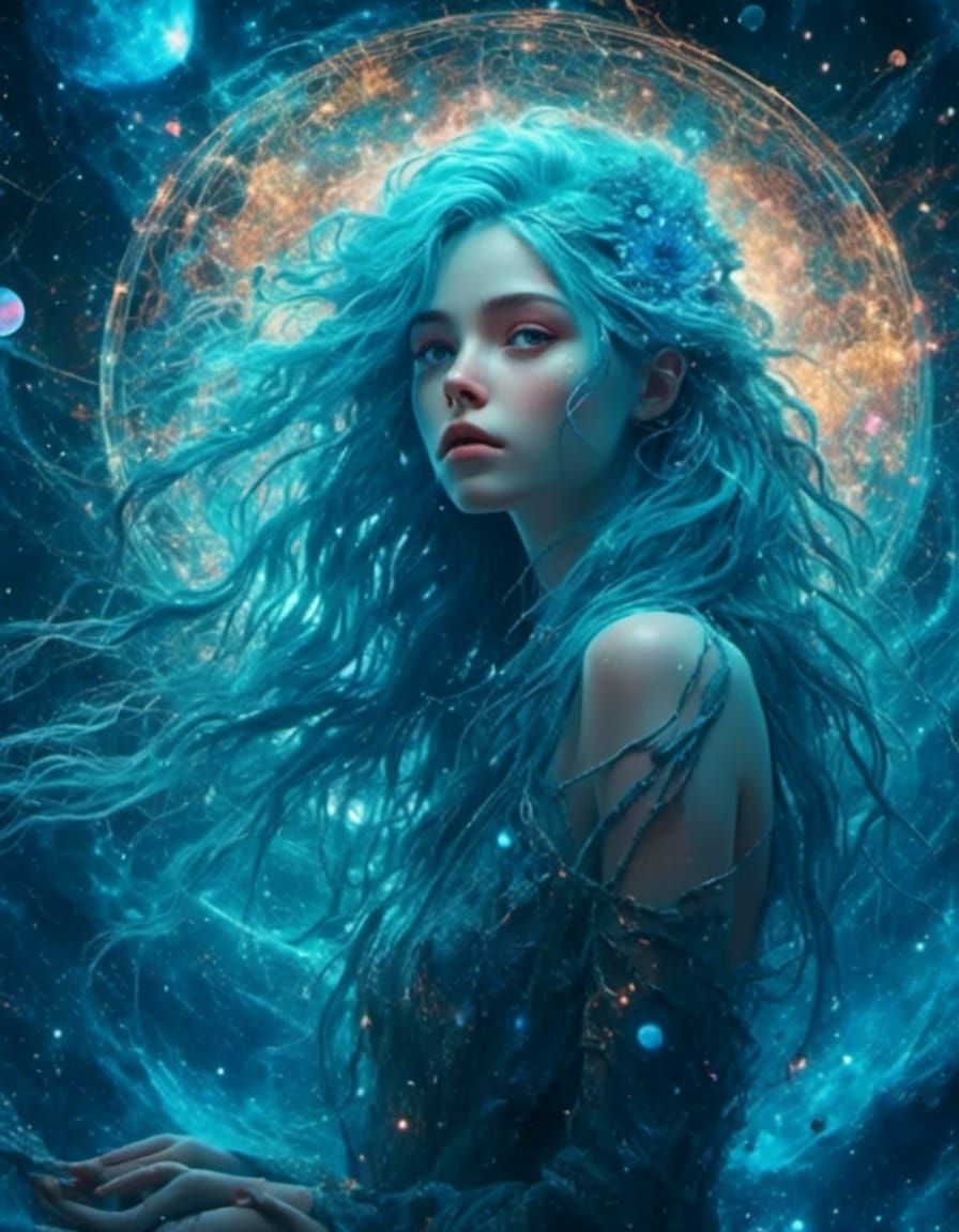 Cosmic Artist Girl with Cyan Hair: Dreamy Photo