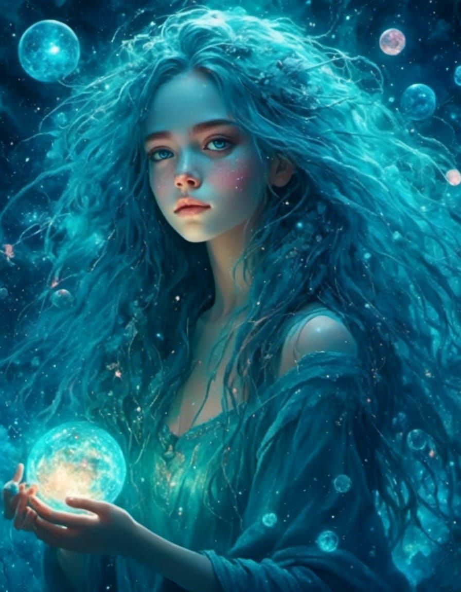 Mysterious Cosmic Artist Girl with Cyan Hair
