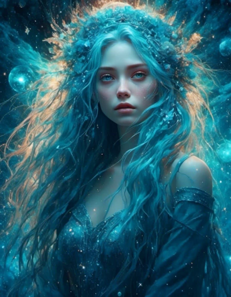 Mysterious Cosmic Artist Girl with Cyan Hair