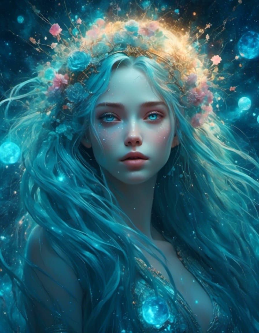 Enchanting Cosmic Girl with Cyan Hair