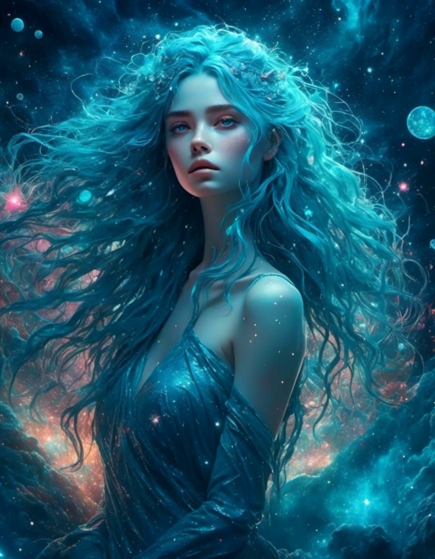 Mysterious Cosmic Artist Girl with Cyan Hair
