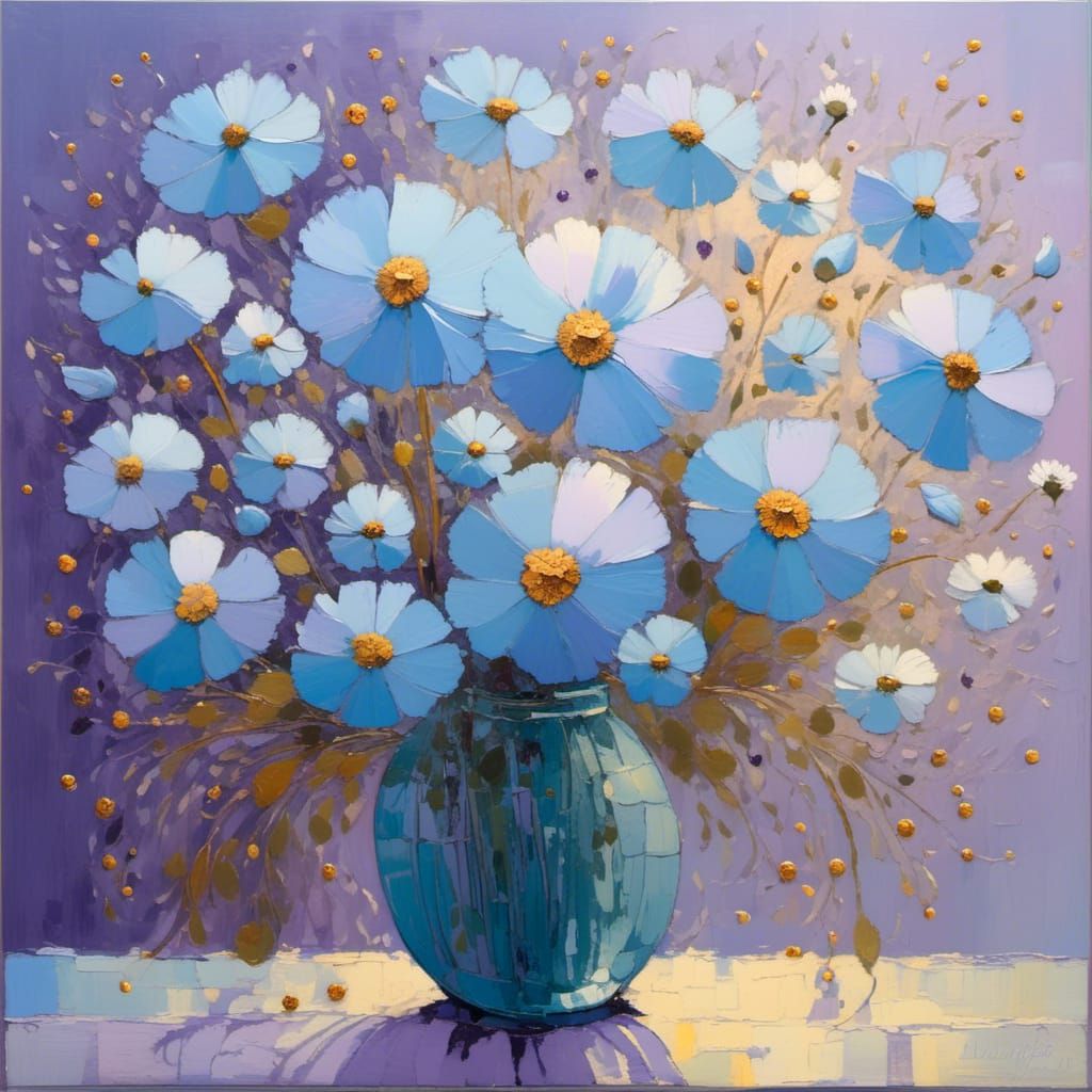 Blue Translucent Flowers: Neo-Impressionist Oil Painting