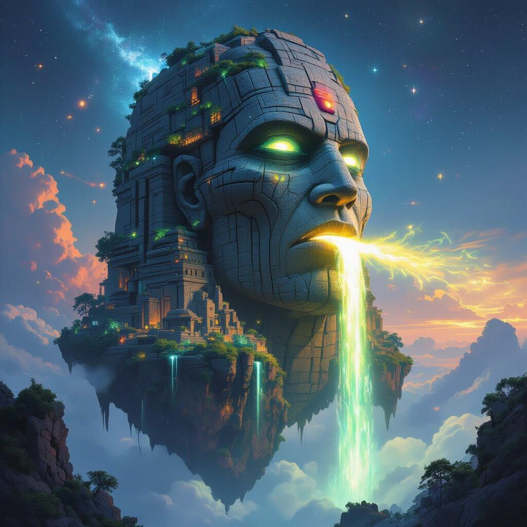 Alien Stone Head Waterfall: Cosmic Surrealism