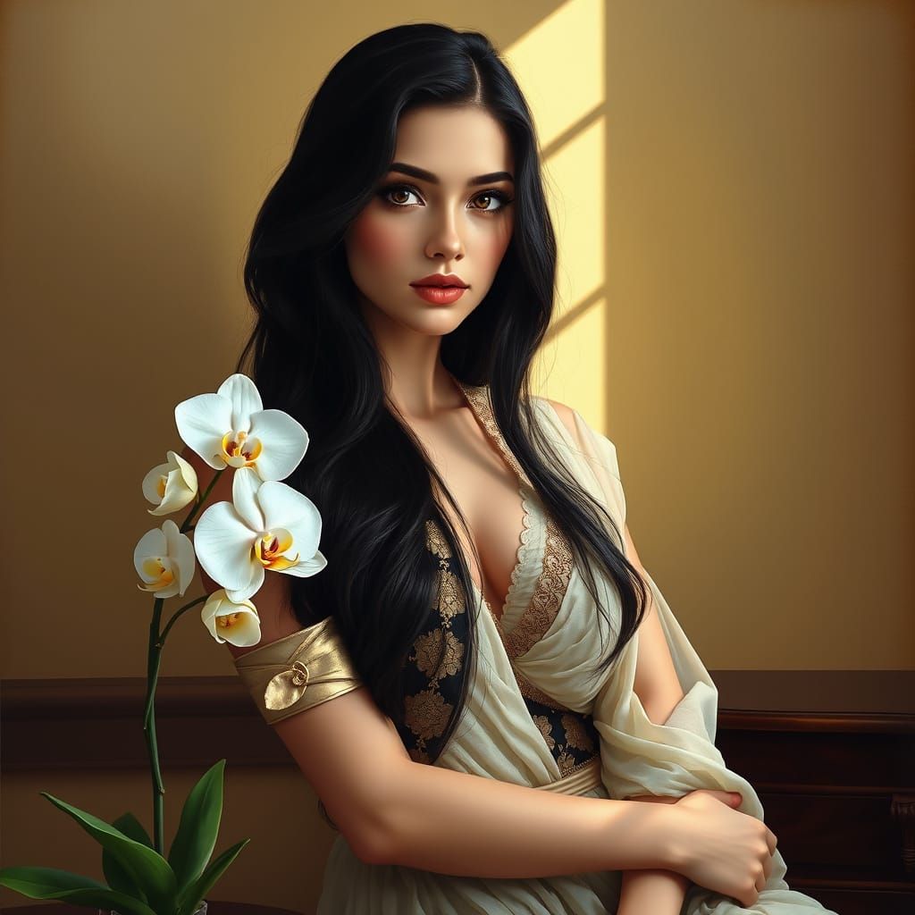 , a BEAUTIFUL young woman embodying timeless grace and allure. She possesses long, subtly tousled dark hair cascading ar...