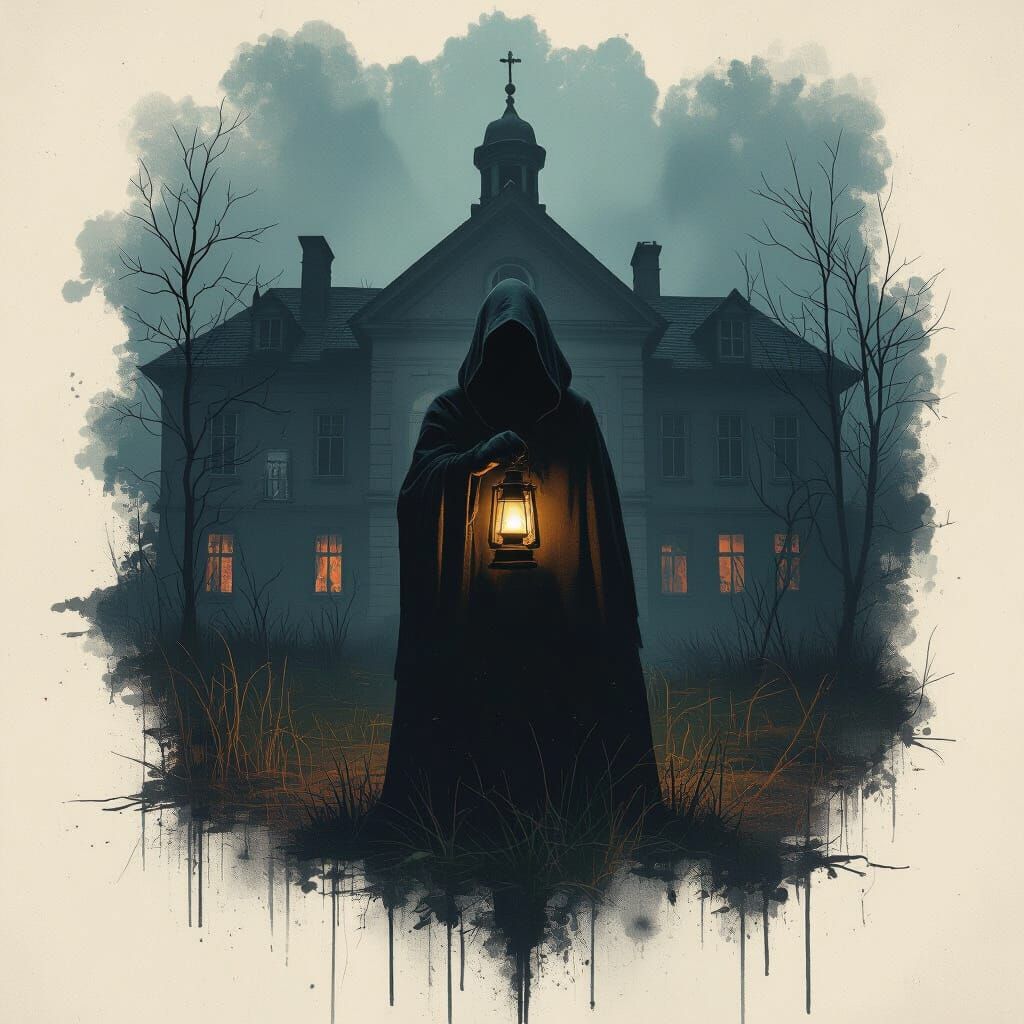 Eerie Lantern Lit Figure in Abandoned School