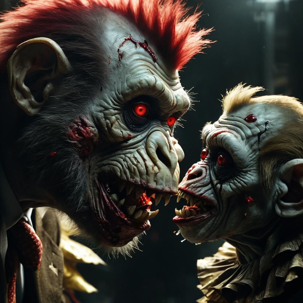 Sinister Zombie Clowns Kiss in Hyperrealistic Portrait