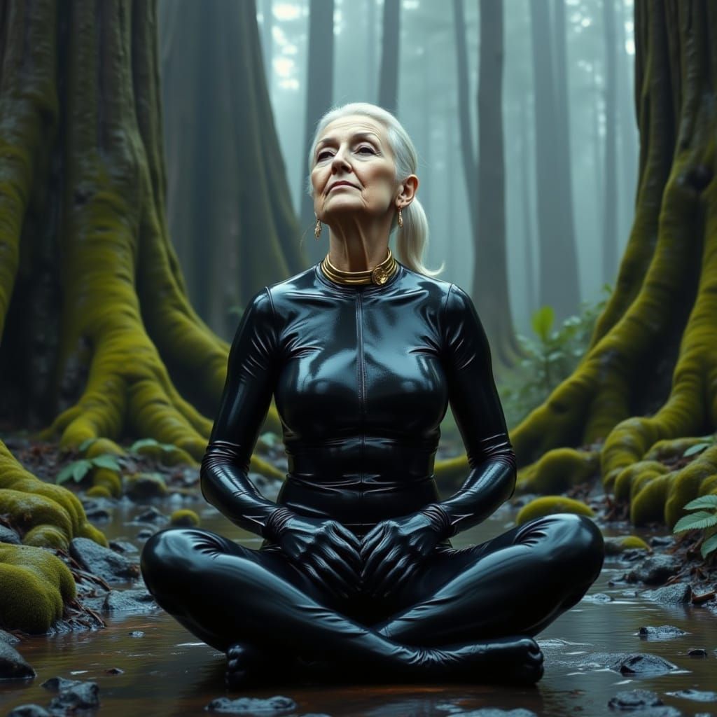 Elderly Woman in Black PVC Catsuit Meditates in Misty Forest