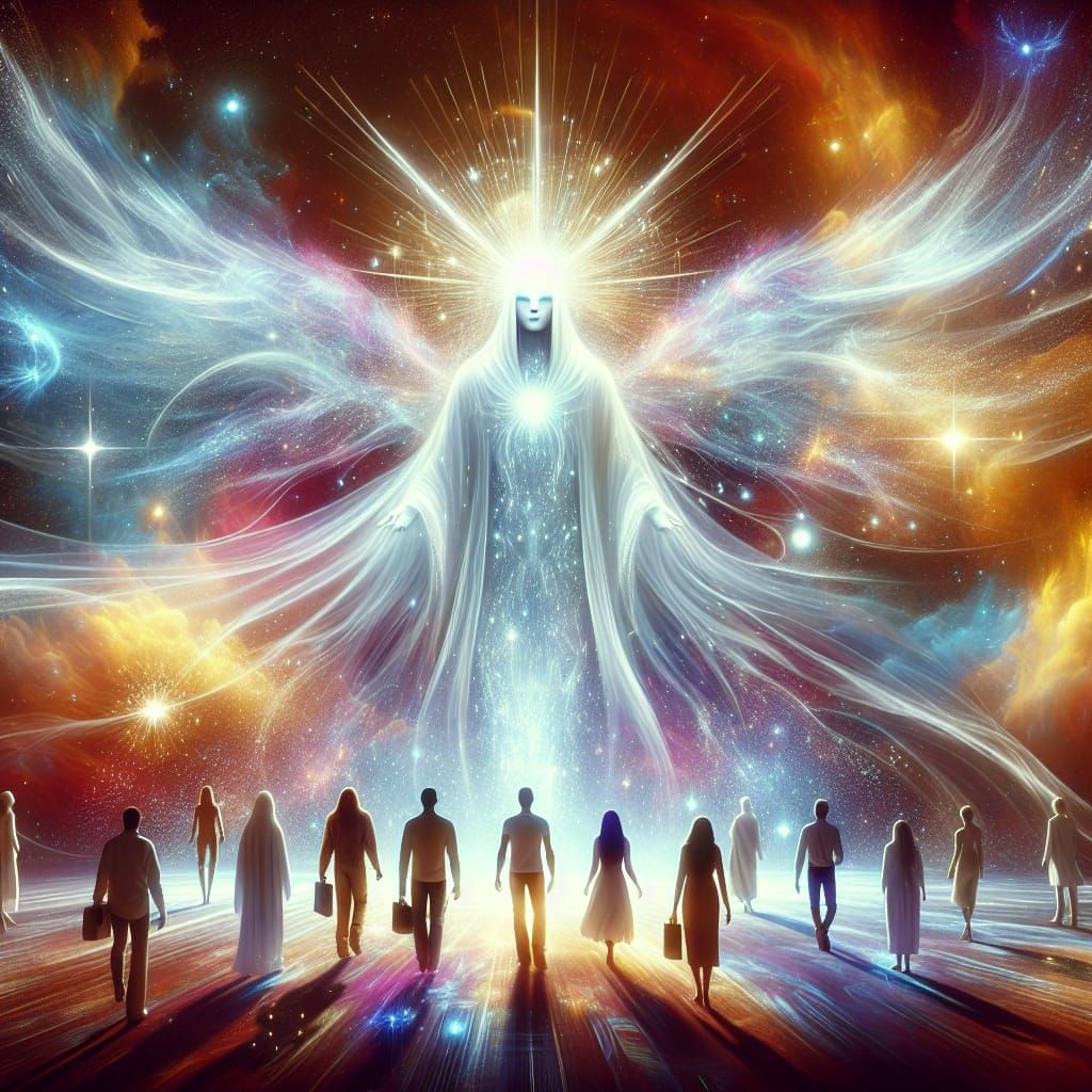 Create a majestic, divine being descending to Earth, towerin...