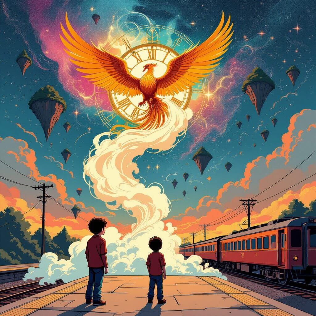 Boy Watches Clockwork Phoenix Rise from Steam on Nebula Sky