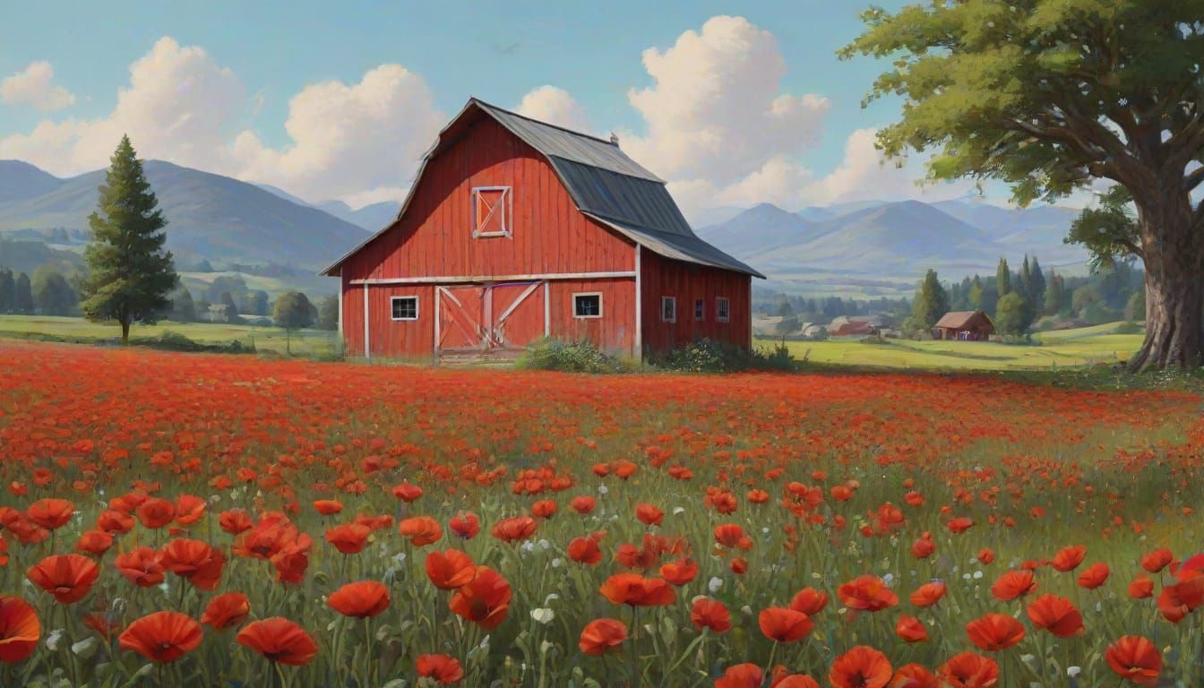 Red Barn Surrounded by Poppies in Gouache Style