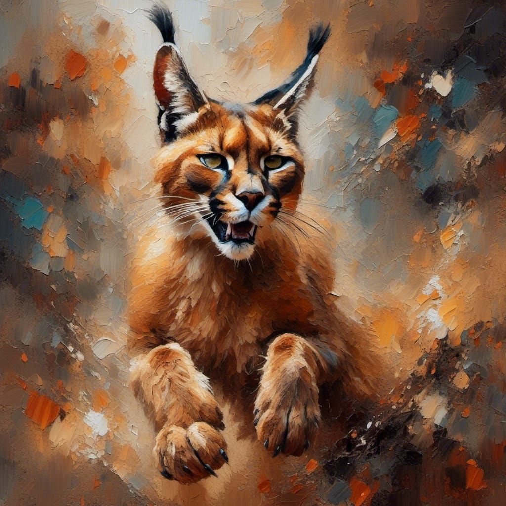 Caracal Leaping to Catch Bird: Impasto Oil Painting