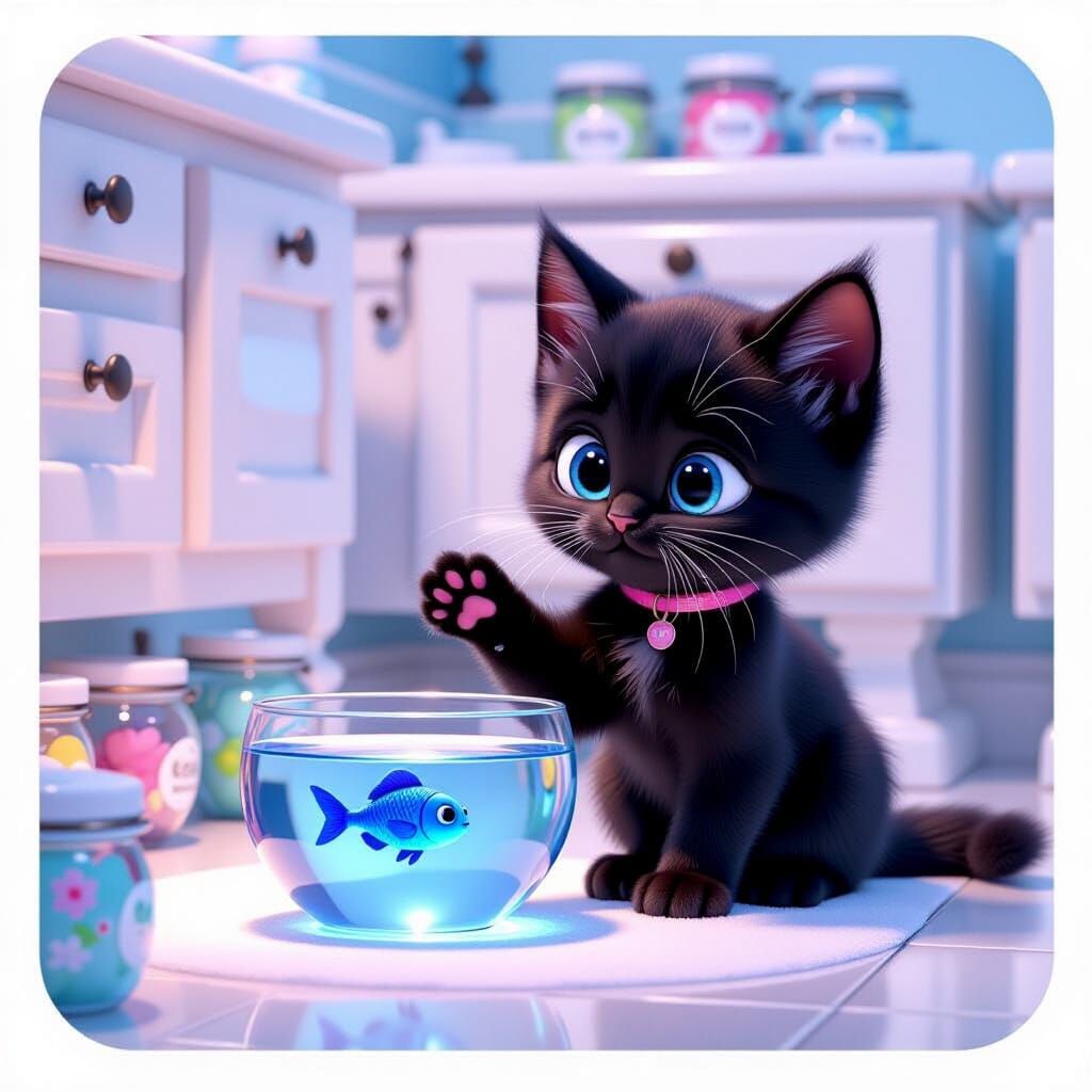 Cute Kitten Touches Fish in Pixar-style 3D Cartoon