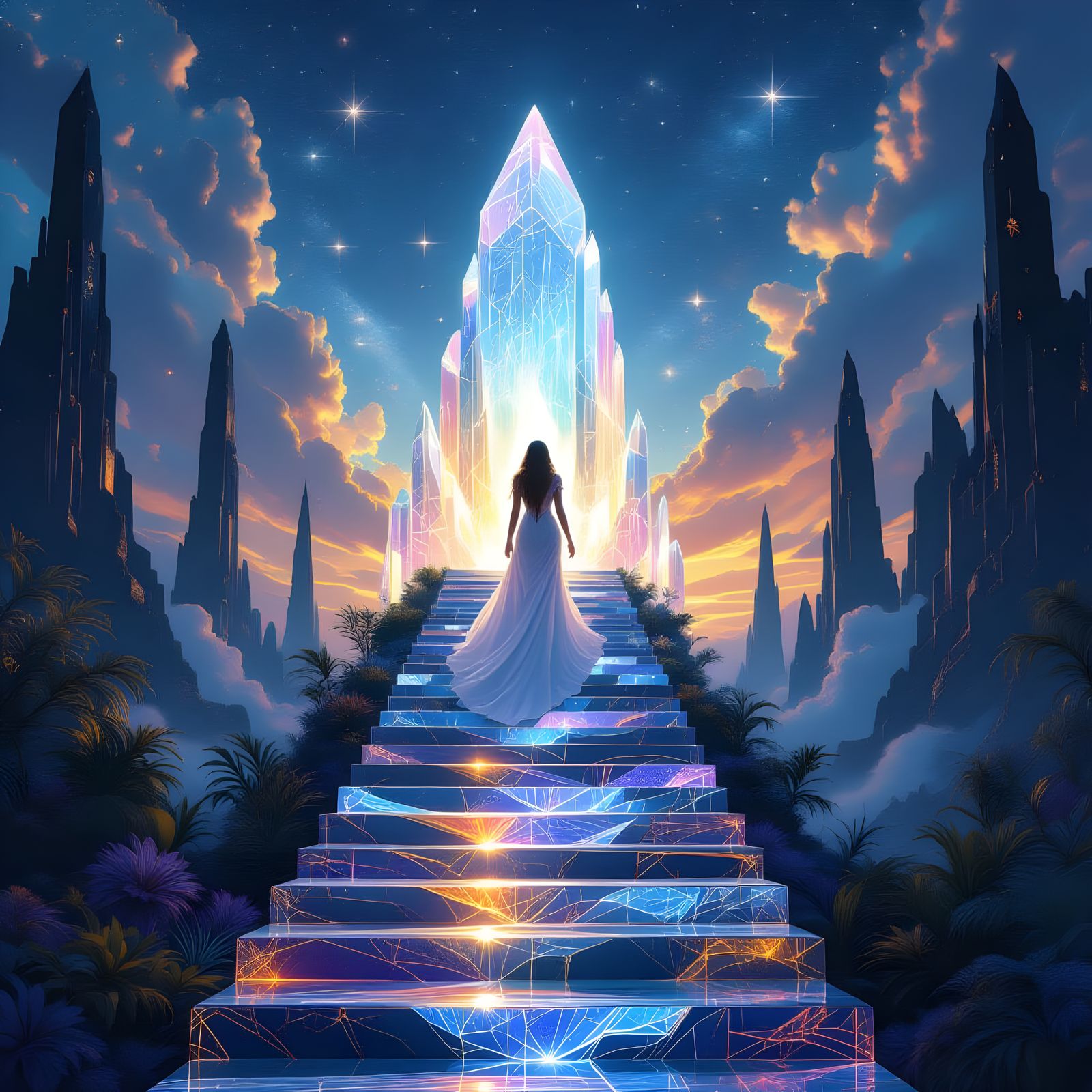 Ethereal Feminine Figure Ascending to Celestial Realm