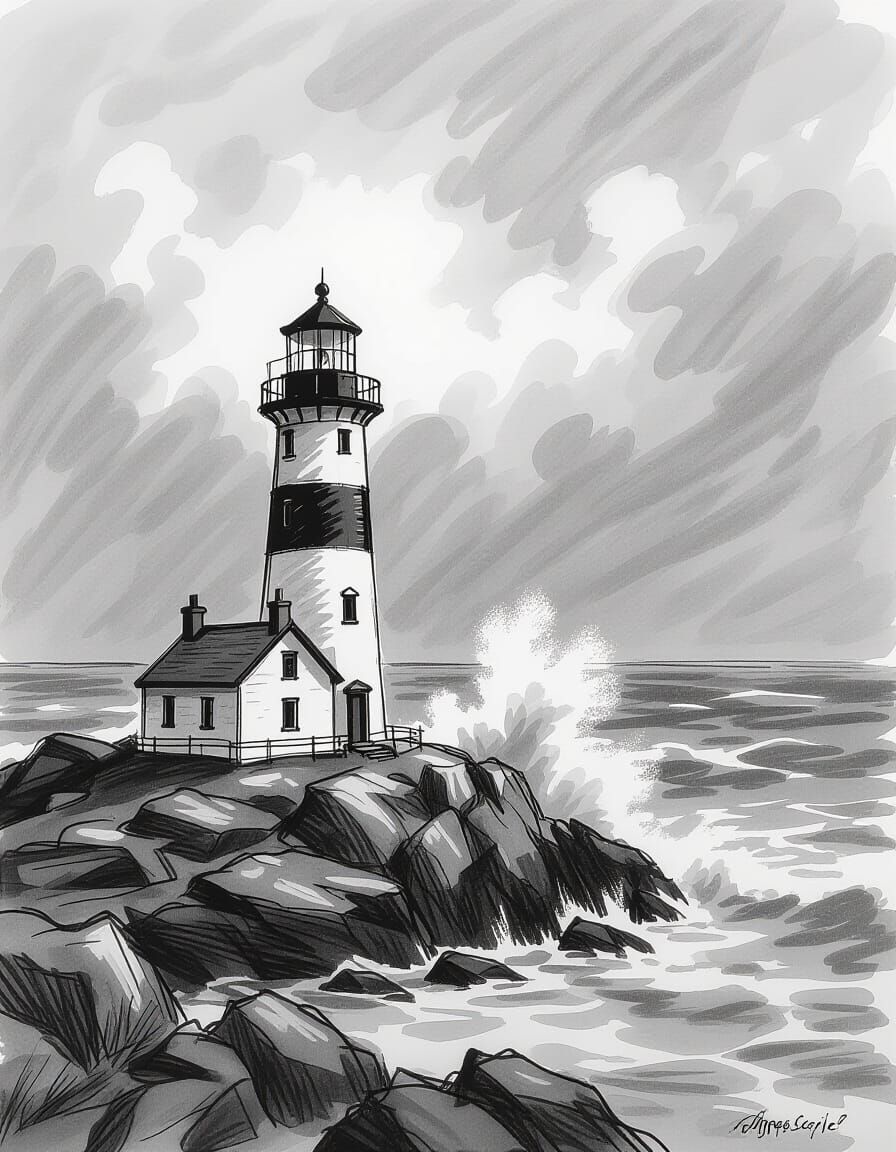 Stormy Seas Lighthouse in Expressive Pencil Sketch Style