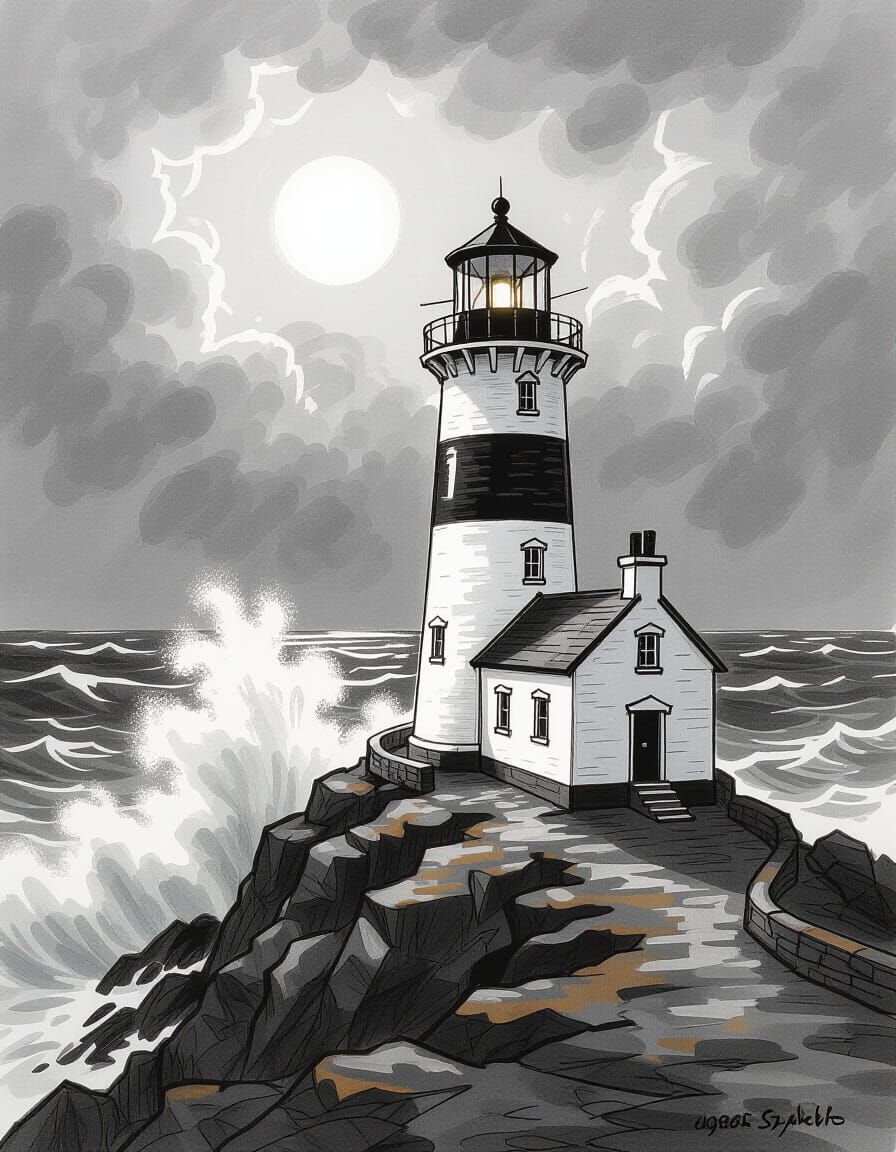 Lighthouse on Rocky Coast in Expressive Pencil Sketch Style