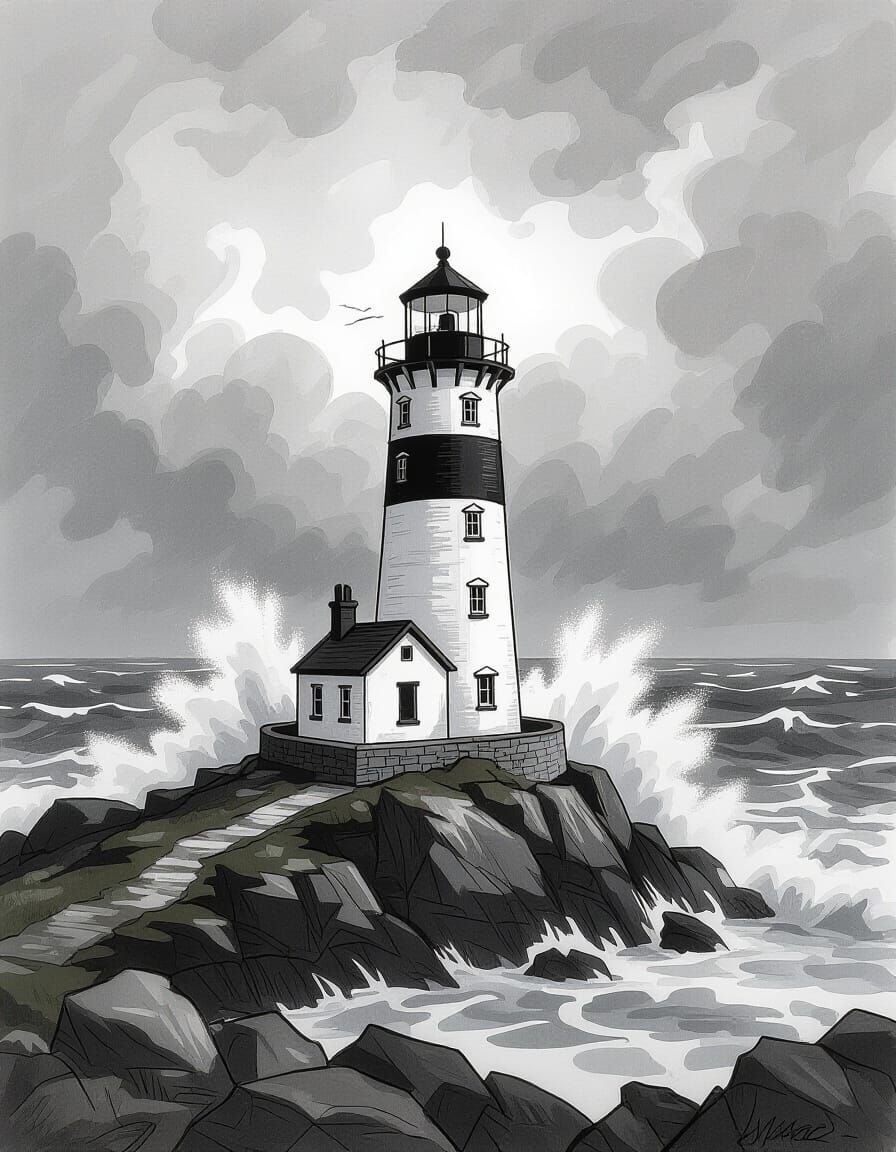 Lighthouse on Rocky Coast in Expressive Pencil Sketch Style
