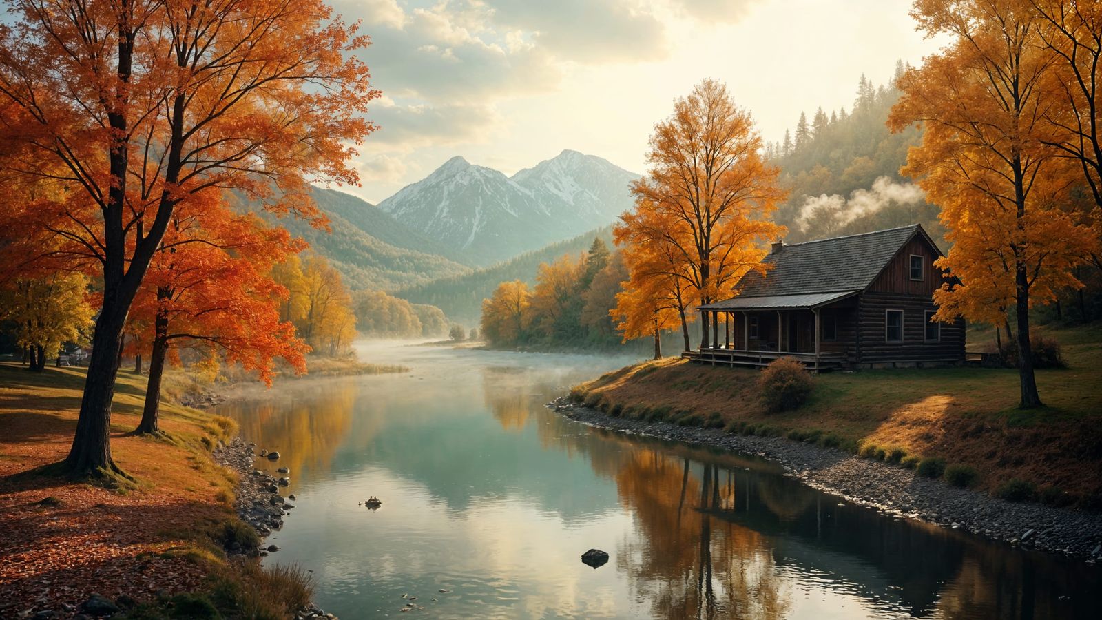 Picturesque Autumn Landscape with River and Cabin