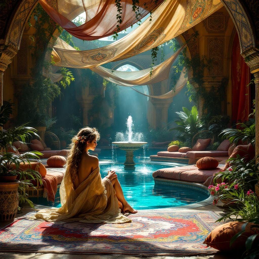 Woman in Serene Caravanserai, Art Nouveau Style