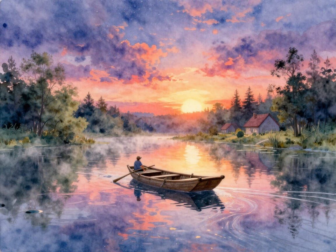 Ethereal Watercolor of Raft on Reflective Pond at Sunset